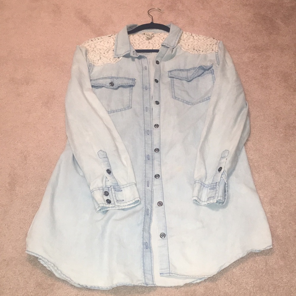 Tunic style denim button up shirt